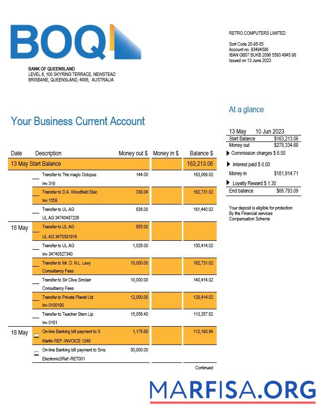 Printable BANK of Queensland business checking account statement Word and PDF template